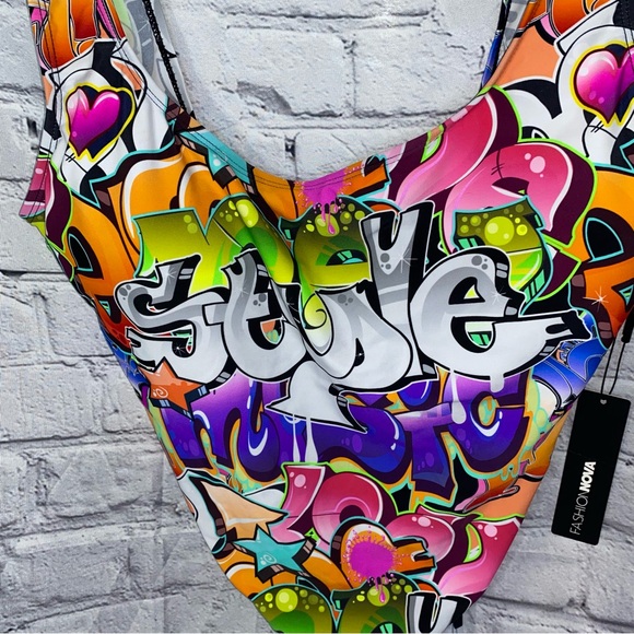 NEW! Fashion Nova All That Graffiti 1 Piece Swimsuit - Multicolor - Size 2X - Picture 5 of 7